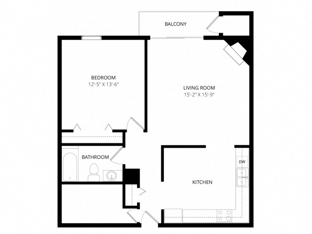 Floor plan for 1 bed, 1 bath, 760 sqft